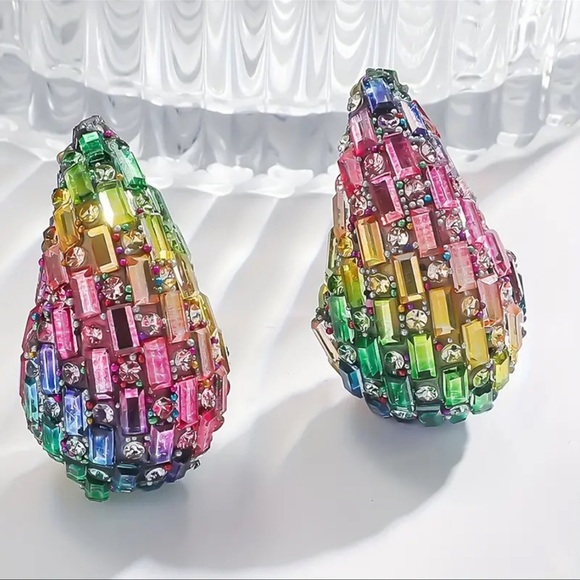 Teardrop Rainbow Multicolor Chunky Trendy Earrings New - Picture 2 of 4